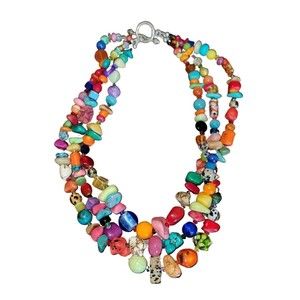A statement piece three strand natural multi-gemstone and glass bead necklace.